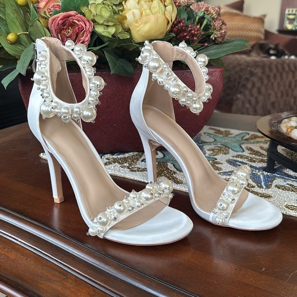 Brand New Faux Pearl Open Toe Ankle Strap Back Zip Stiletto Heel Sandals Wedding - Picture 5 of 16